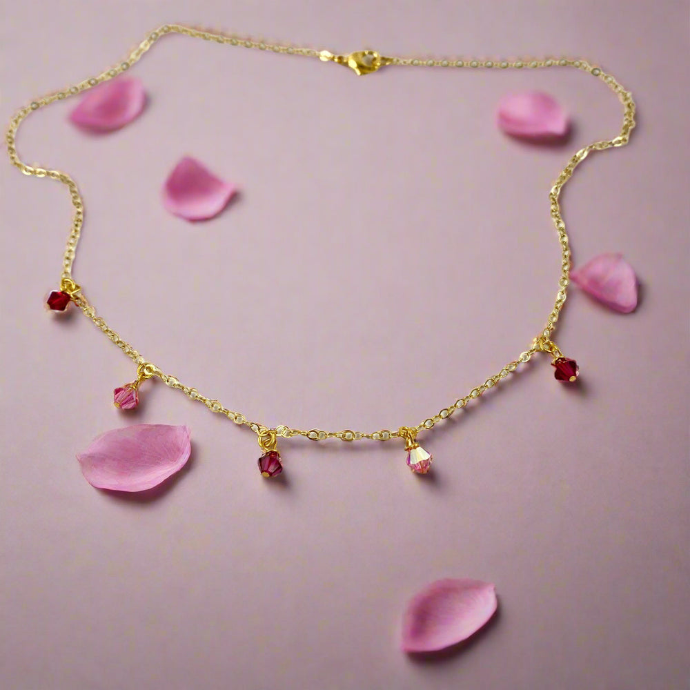 Red Pink Crystal Choker Necklace Minimalist Jewelry, hand made with facetted petite crystals, wire wrapped on 14k gold filled chain, completed with a 14k gold filled lobster clasp
