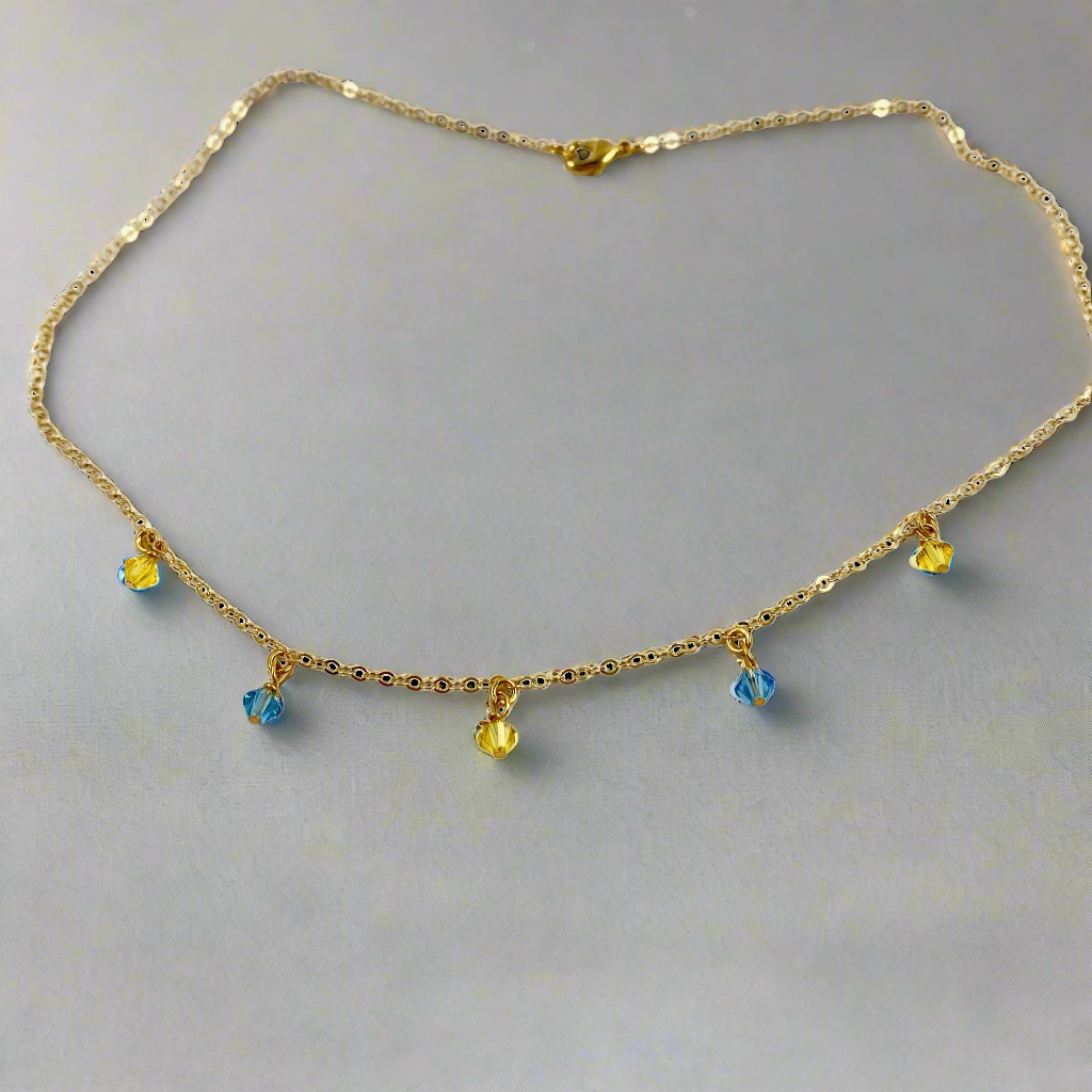 Yellow Blue Crystal Choker Necklace, hand made with facetted petite crystals, wire wrapped on 14k gold filled chain, completed with a 14k gold filled lobster clasp