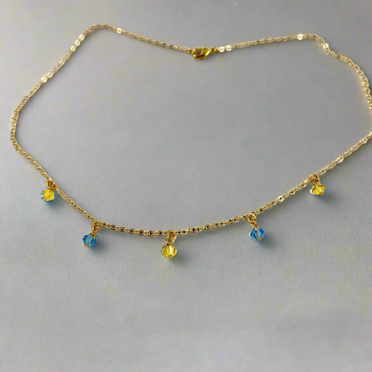 Yellow Blue Crystal Choker Necklace, hand made with facetted petite crystals, wire wrapped on 14k gold filled chain, completed with a 14k gold filled lobster clasp