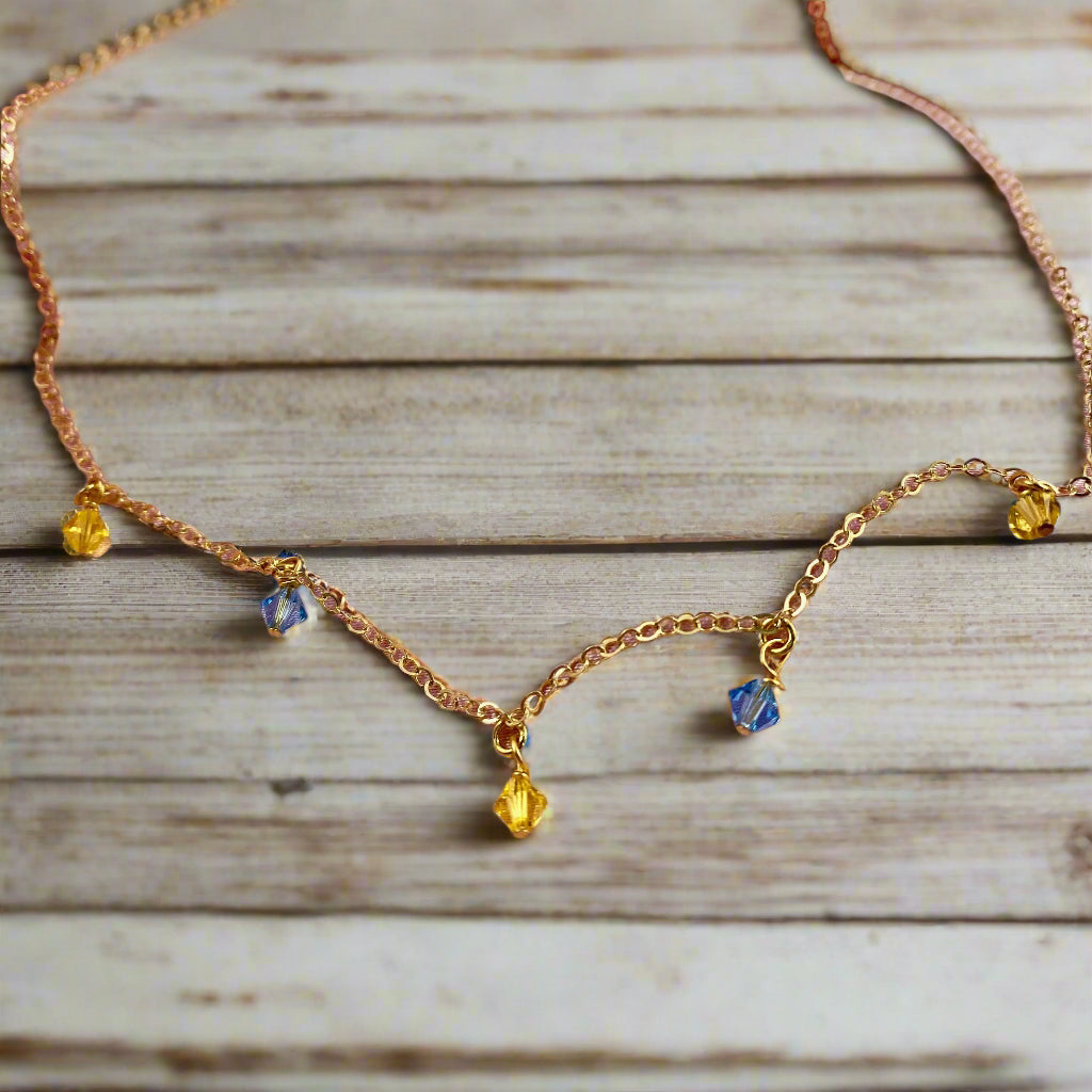 Yellow Blue Crystal Choker Necklace, hand made with facetted petite crystals, wire wrapped on 14k gold filled chain, completed with a 14k gold filled lobster clasp