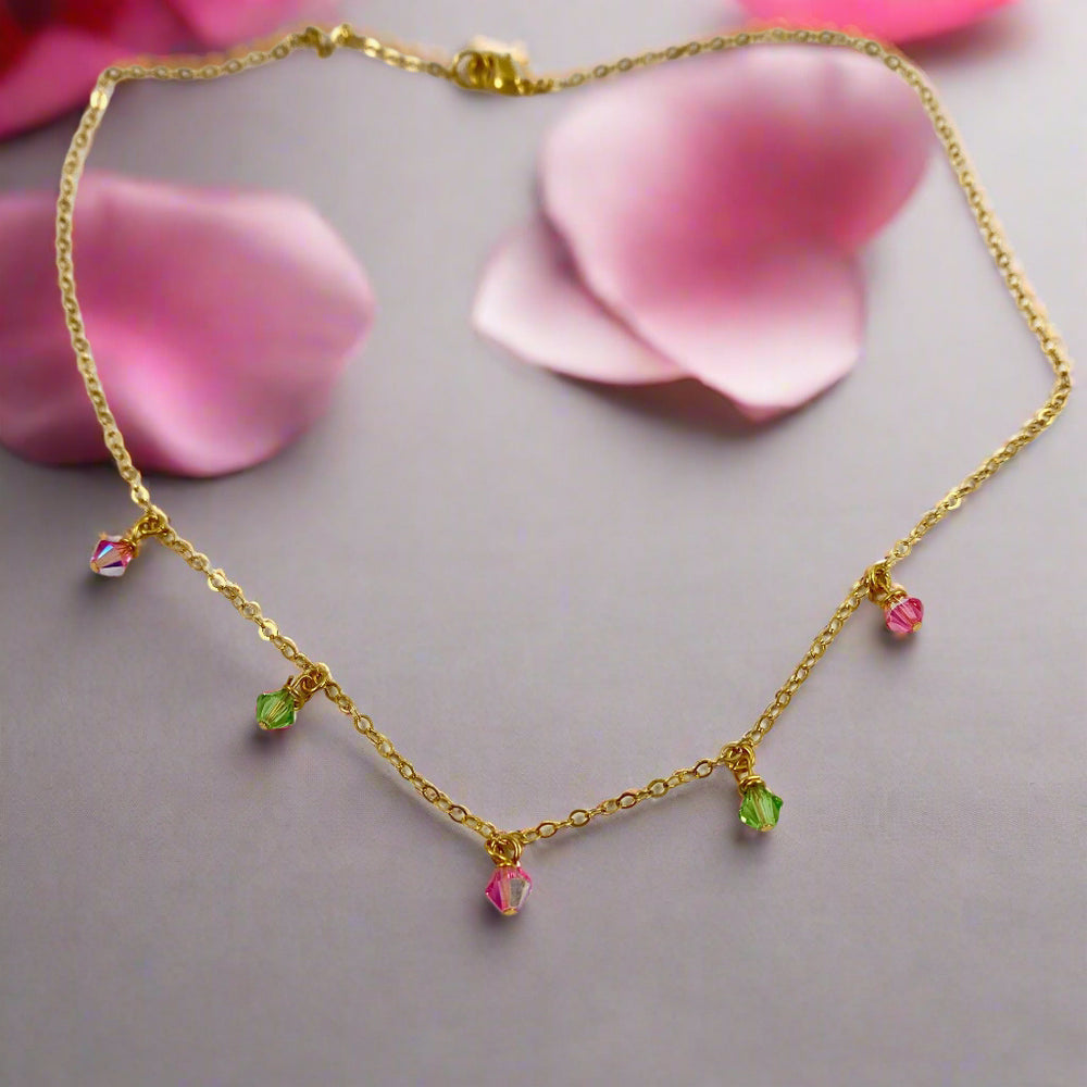 Pink Green Crystal Choker Necklace Minimalist Jewelry, hand made with facetted petite crystals, wire wrapped on 14k gold filled chain, completed with a 14k gold