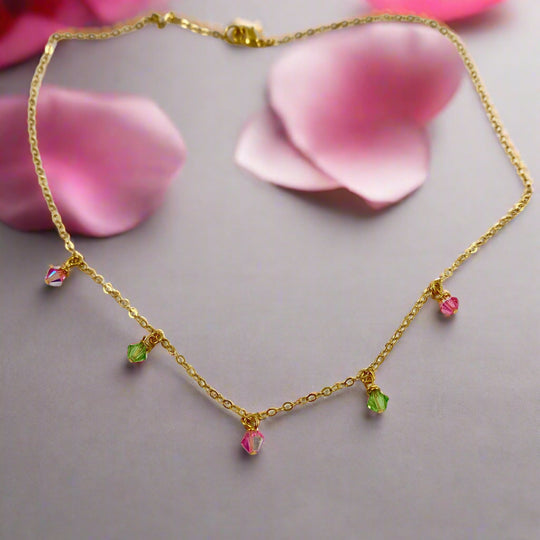Pink Green Crystal Choker Necklace Minimalist Jewelry, hand made with facetted petite crystals, wire wrapped on 14k gold filled chain, completed with a 14k gold