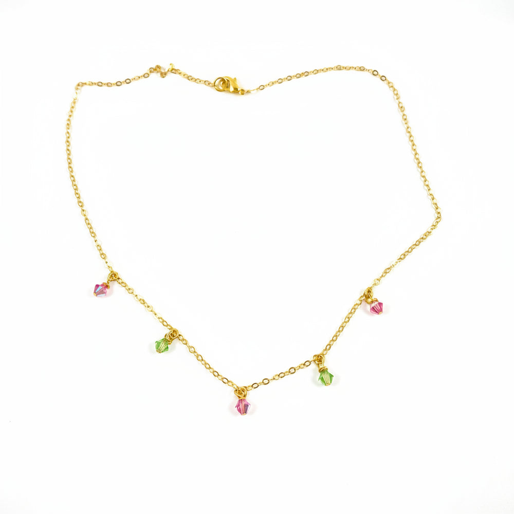Pink Green Crystal Choker Necklace Minimalist Jewelry, hand made with facetted petite crystals, wire wrapped on 14k gold filled chain, completed with a 14k gold
