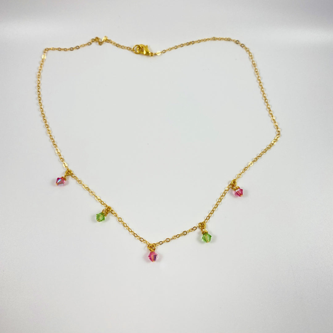 Pink Green Crystal Choker Necklace Minimalist Jewelry, hand made with facetted petite crystals, wire wrapped on 14k gold filled chain, completed with a 14k gold