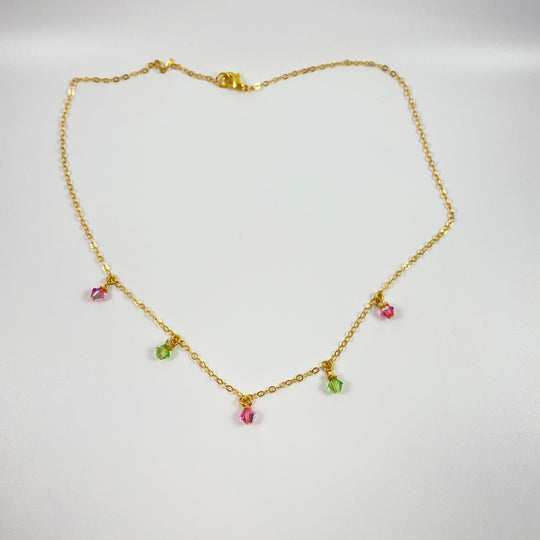 Pink Green Crystal Choker Necklace Minimalist Jewelry, hand made with facetted petite crystals, wire wrapped on 14k gold filled chain, completed with a 14k gold