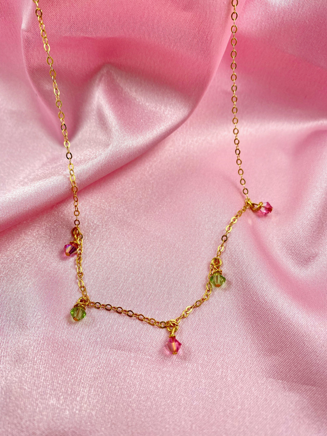 Pink Green Crystal Choker Necklace Minimalist Jewelry, hand made with facetted petite crystals, wire wrapped on 14k gold filled chain, completed with a 14k gold