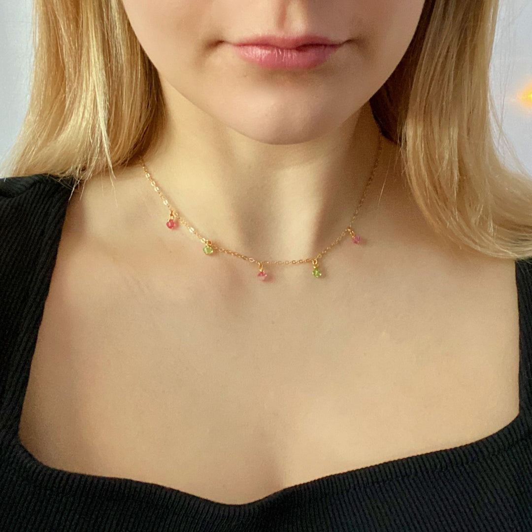 Pink Green Crystal Choker Necklace Minimalist Jewelry, hand made with facetted petite crystals, wire wrapped on 14k gold filled chain, completed with a 14k gold