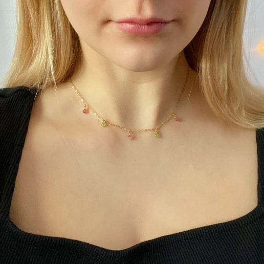 Pink Green Crystal Choker Necklace Minimalist Jewelry, hand made with facetted petite crystals, wire wrapped on 14k gold filled chain, completed with a 14k gold