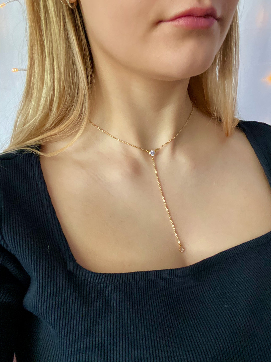 Cubic Zirconia Y Necklace Gold Chain Jewelry, designed with the minimalist jewelry style, our Sweet & Petite Cubic Zirconia Y Necklace 