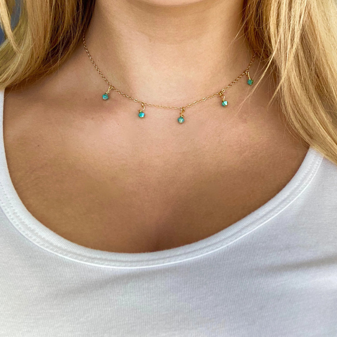 Turquoise Blue Crystal Choker Necklace, hand made with facetted petite crystals, wire wrapped on 14k gold filled chain, completed with a 14k gold