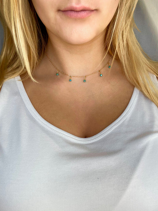 Turquoise Blue Crystal Choker Necklace, hand made with facetted petite crystals, wire wrapped on 14k gold filled chain, completed with a 14k gold