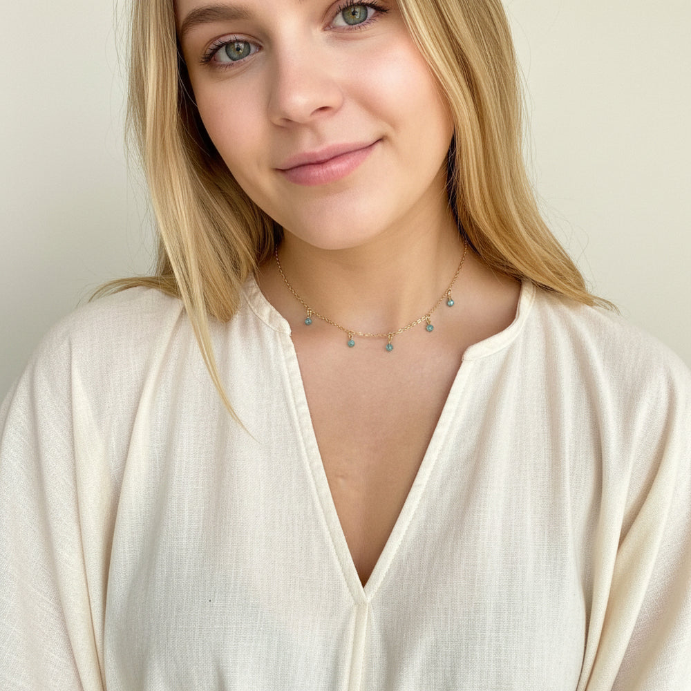 Turquoise Blue Crystal Choker Necklace, hand made with facetted petite crystals, wire wrapped on 14k gold filled chain, completed with a 14k gold