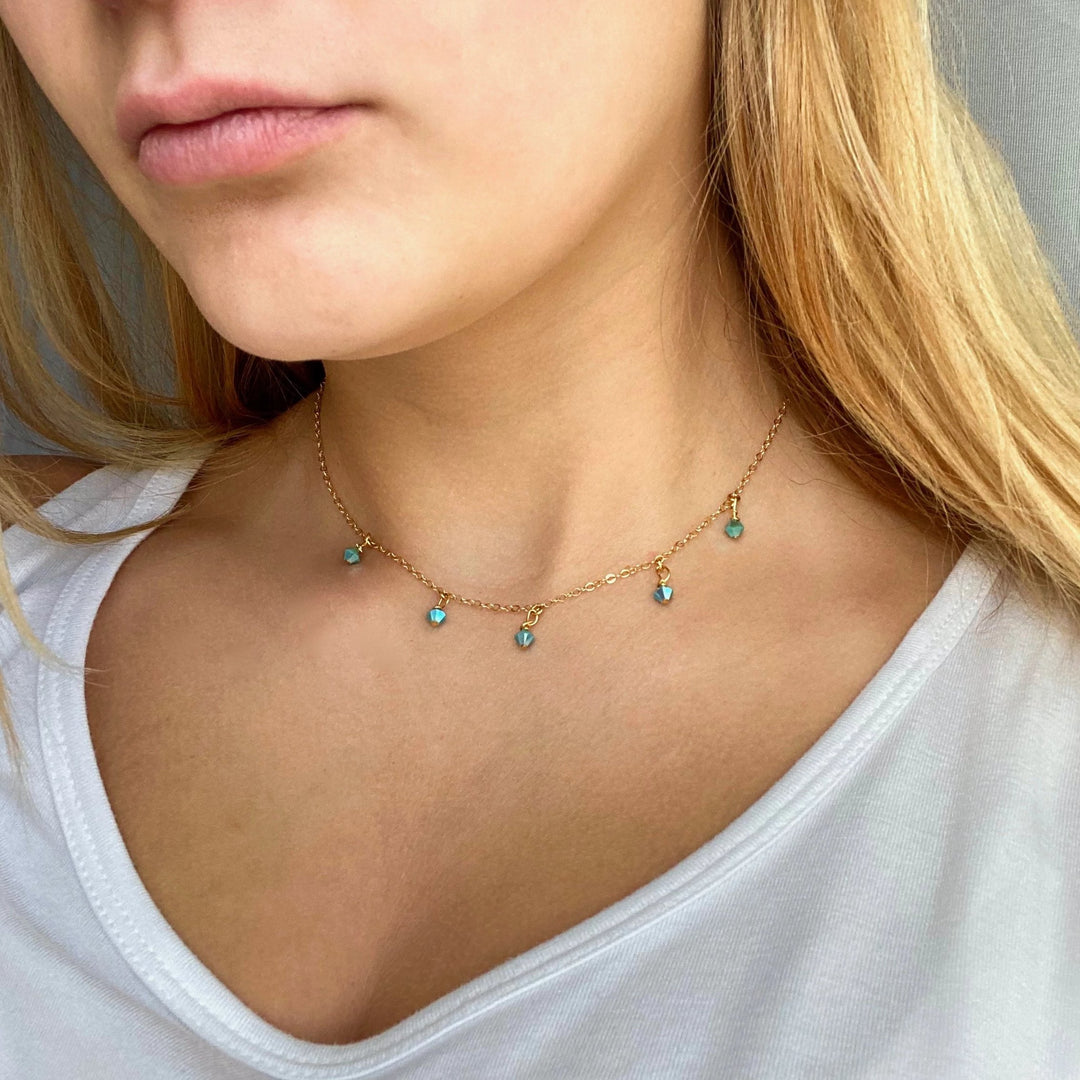 Turquoise Blue Crystal Choker Necklace, hand made with facetted petite crystals, wire wrapped on 14k gold filled chain, completed with a 14k gold