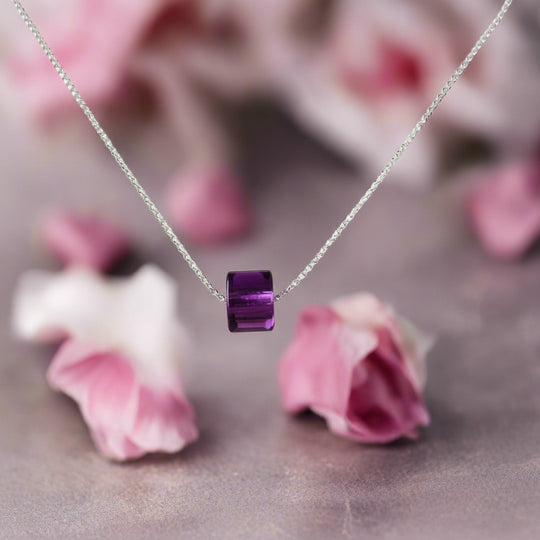 Purple Crystal Cube Necklace Amethyst Tones Charm Jewelry is an effortlessly gorgeous and minimalist necklace that will become a daily staple