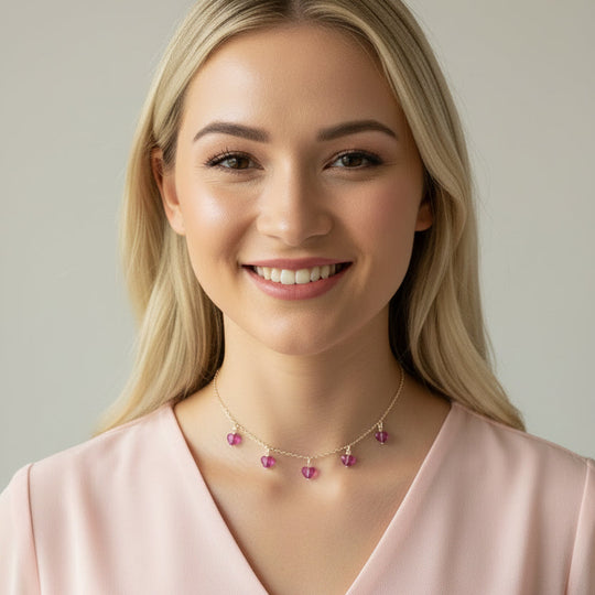 Pink Fuchsia Crystal Heart Necklace Jewelry For Women, This Pink Fuchsia Crystal Heart Necklace is irresistibly sweet and petite, featuring five tiny heart-shaped crystals