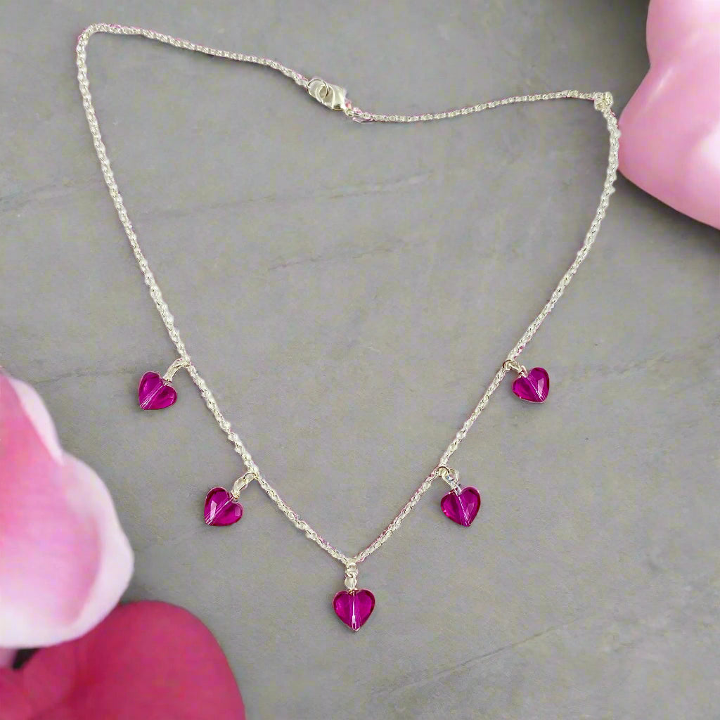 Pink Fuchsia Crystal Heart Necklace Jewelry For Women, This Pink Fuchsia Crystal Heart Necklace is irresistibly sweet and petite, featuring five tiny heart-shaped crystals