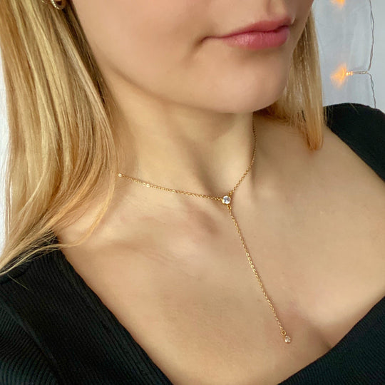 Cubic Zirconia Y Necklace Gold Chain Jewelry, designed with the minimalist jewelry style, our Sweet & Petite Cubic Zirconia Y Necklace 