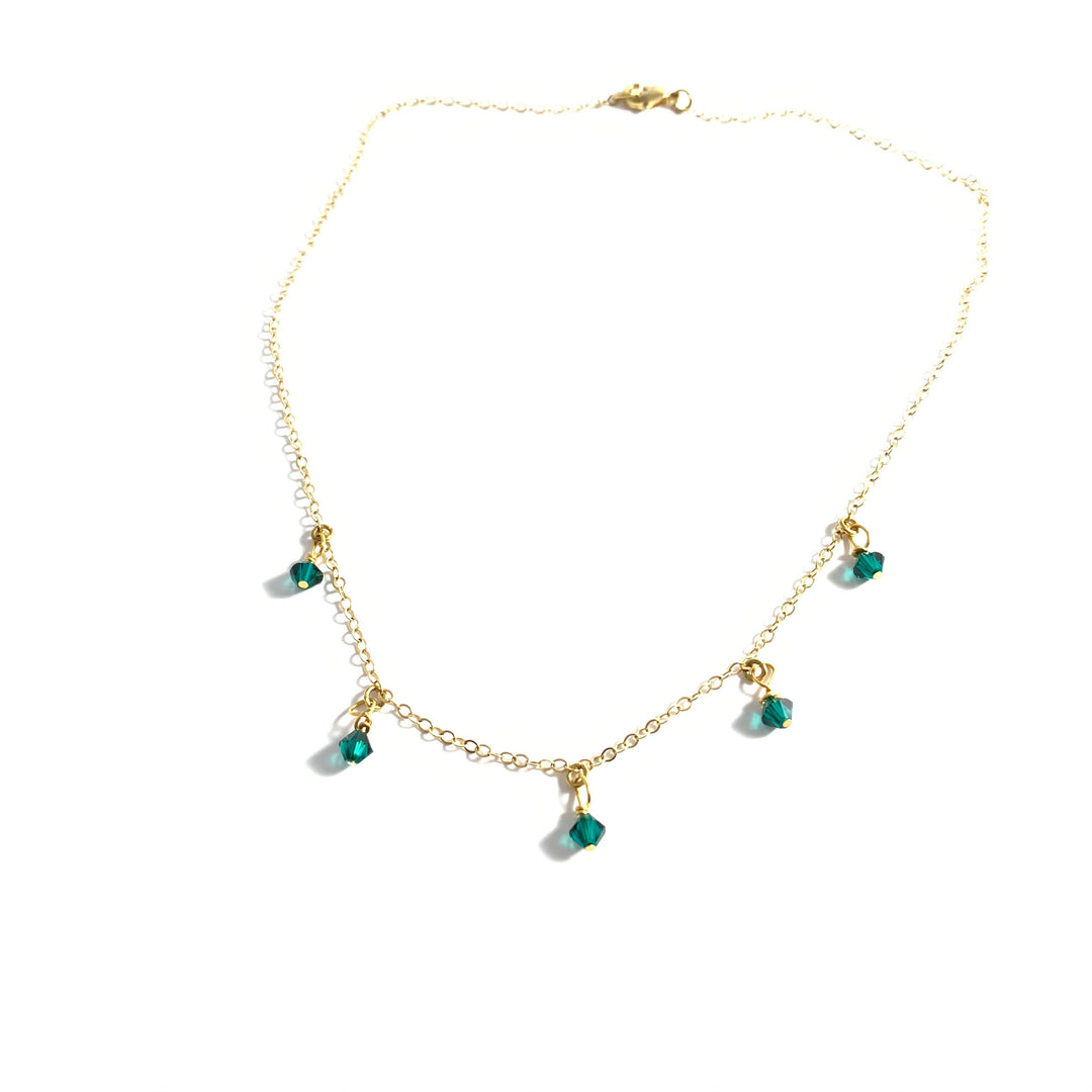 Emerald Green Crystal Choker Necklace Minimalist Jewelry, hand made with facetted petite crystals, wire wrapped on 14k gold filled chain, 