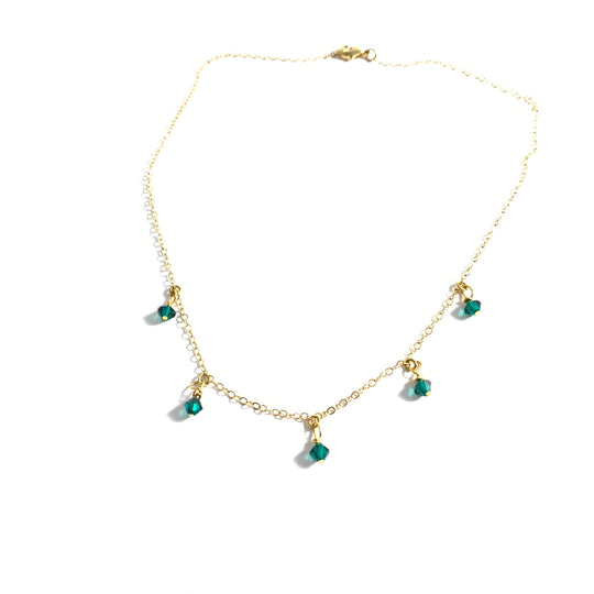 Emerald Green Crystal Choker Necklace Minimalist Jewelry, hand made with facetted petite crystals, wire wrapped on 14k gold filled chain, 