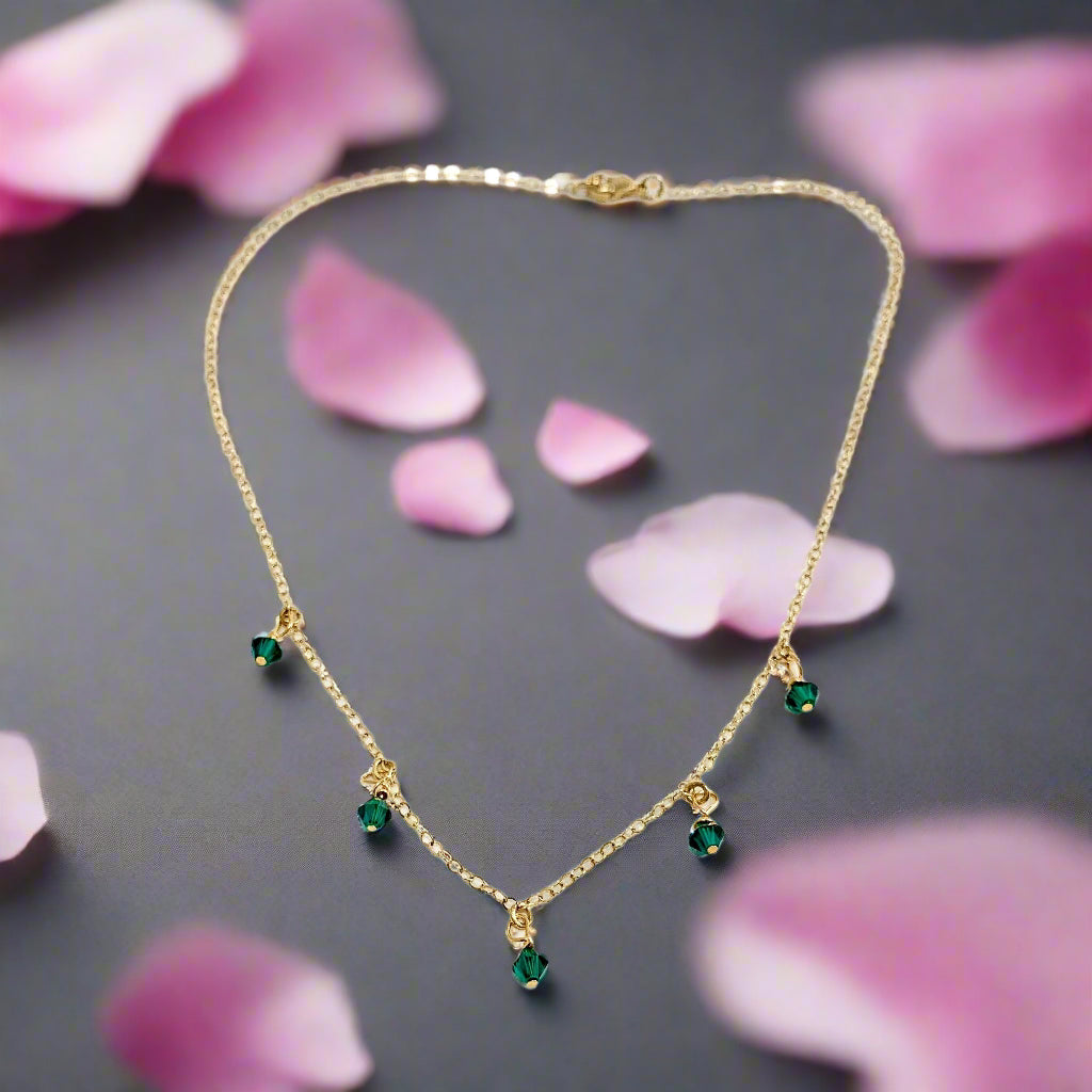 Emerald Green Crystal Choker Necklace Minimalist Jewelry, hand made with facetted petite crystals, wire wrapped on 14k gold filled chain, 