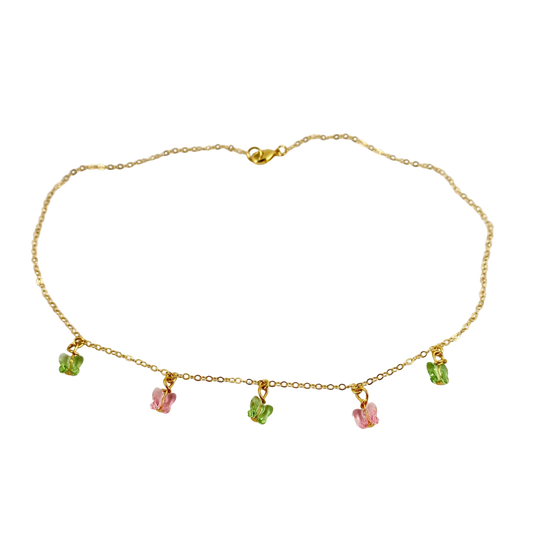 Pink Peridot Green Crystal Butterfly Choker Necklace, Add a touch of charm with the Pink Peridot Butterfly Choker Necklace, a delightful chain of crystal butterflies