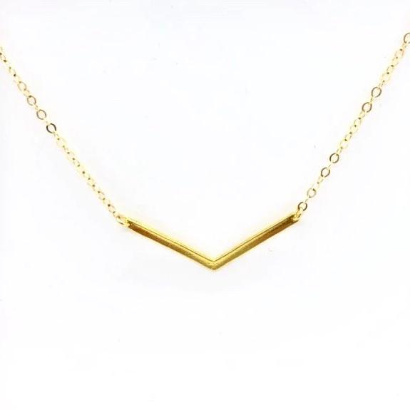 14K Gold Chevron V Bar Charm Necklace, our petite chevron V bar charm on 14k gold-filled chain equals a sweet minimalist charm necklace for everyday wear.