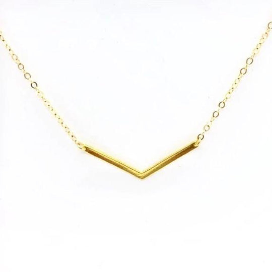 14K Gold Chevron V Bar Charm Necklace, our petite chevron V bar charm on 14k gold-filled chain equals a sweet minimalist charm necklace for everyday wear.