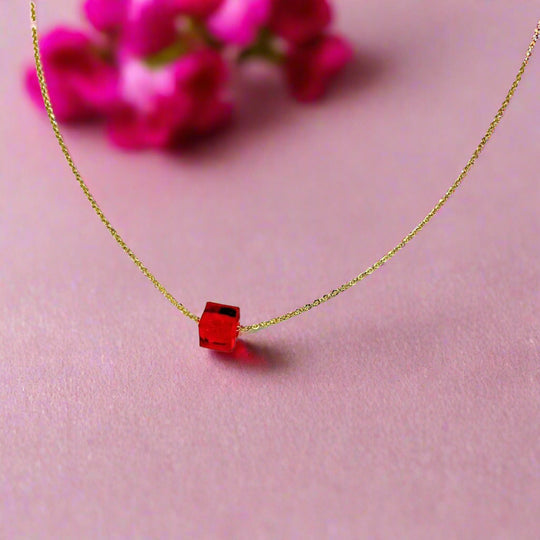 Ruby Red Crystal Cube Necklace Charm Jewelry, is an effortlessly gorgeous and minimalist necklace that will become a daily staple. Personalize it as a birth