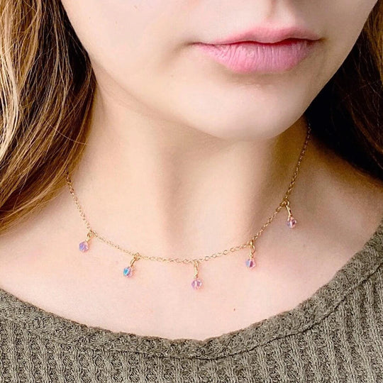 Light Pink Crystal Choker Necklace Minimalist Jewelry, hand made with facetted petite crystals, wire wrapped on 14k gold filled chain, completed with a 14k gold