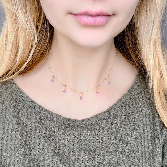 Light Pink Crystal Choker Necklace Minimalist Jewelry, hand made with facetted petite crystals, wire wrapped on 14k gold filled chain, completed with a 14k gold