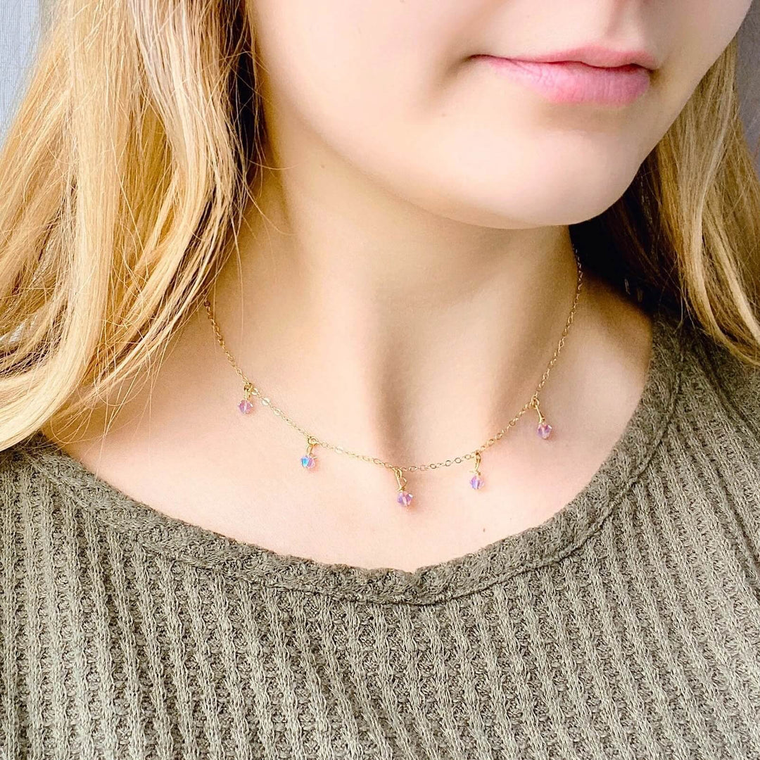 Light Pink Crystal Choker Necklace Minimalist Jewelry, hand made with facetted petite crystals, wire wrapped on 14k gold filled chain, completed with a 14k gold