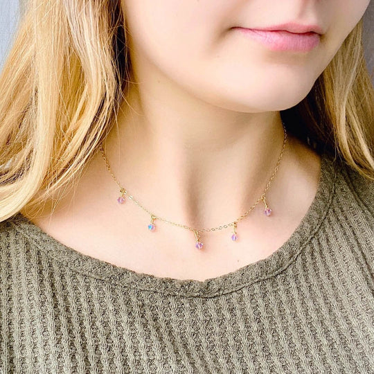 Light Pink Crystal Choker Necklace Minimalist Jewelry, hand made with facetted petite crystals, wire wrapped on 14k gold filled chain, completed with a 14k gold