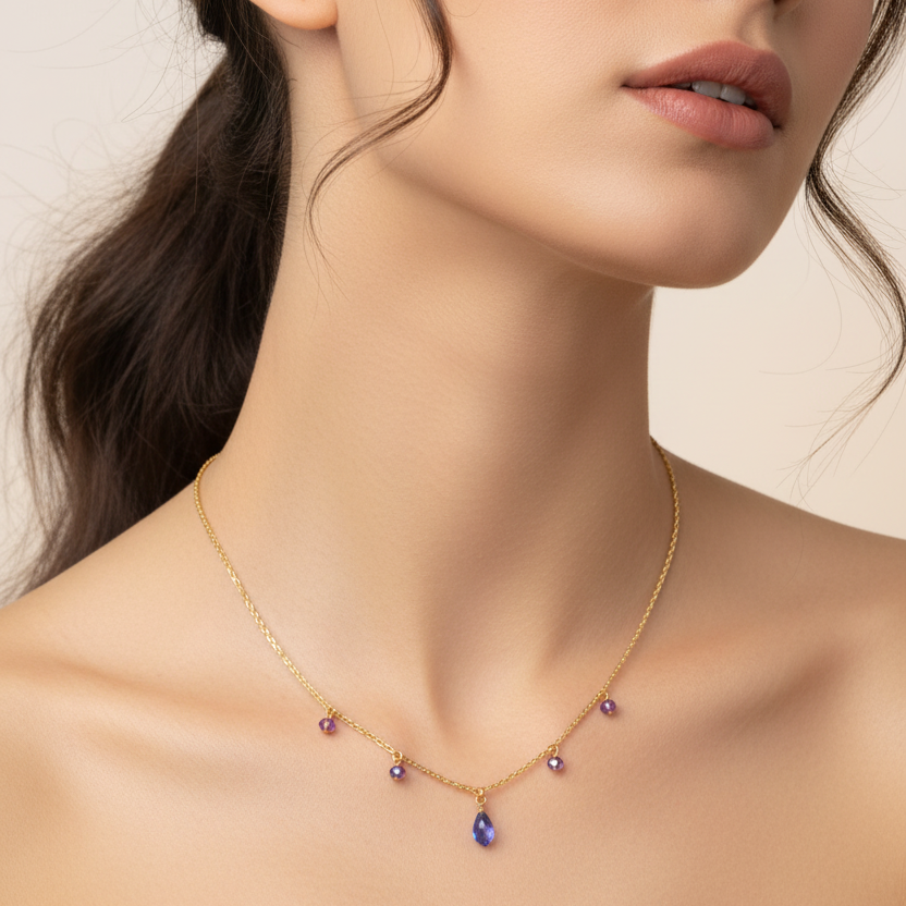Lavender Crystal Teardrop Necklace, our teardrop necklace has a pastel lavender crystal color, offering a delicate style, making it a sweet and petite personal keepsake treasure.