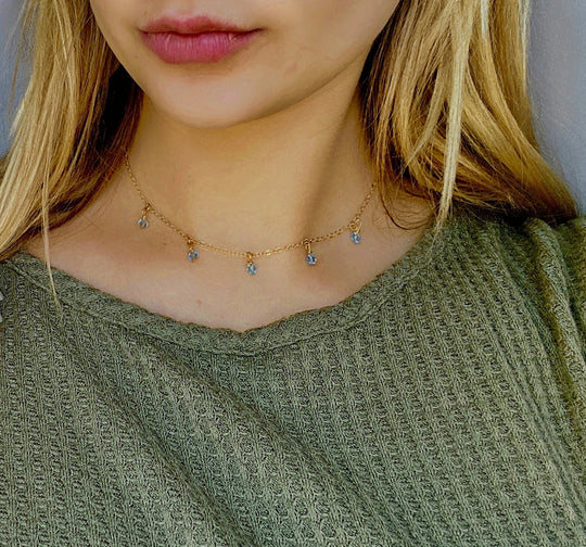 Aquamarine Blue Crystal Choker Necklace, hand made with facetted petite crystals, wire wrapped on 14k gold filled chain, completed with a 14k gold 