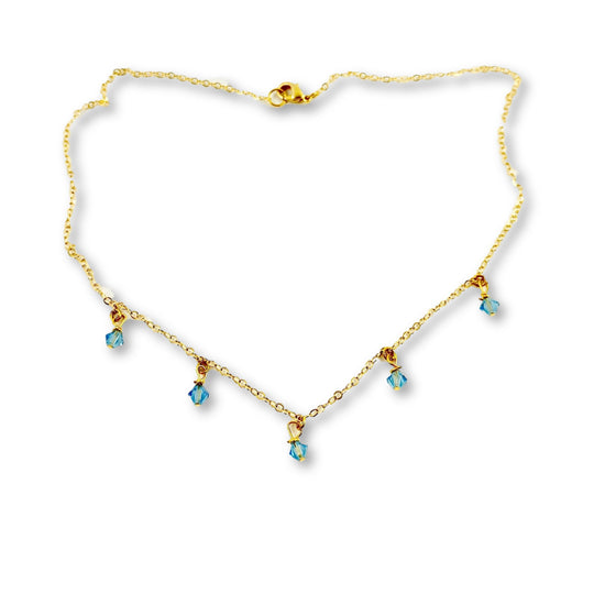 Aquamarine Blue Crystal Choker Necklace, hand made with facetted petite crystals, wire wrapped on 14k gold filled chain, completed with a 14k gold 