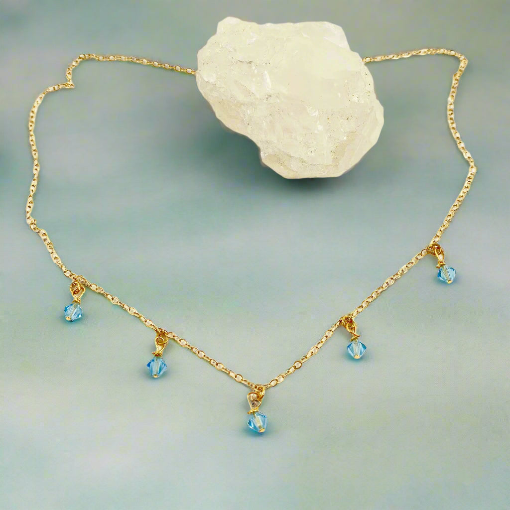 Aquamarine Blue Crystal Choker Necklace, hand made with facetted petite crystals, wire wrapped on 14k gold filled chain, completed with a 14k gold 