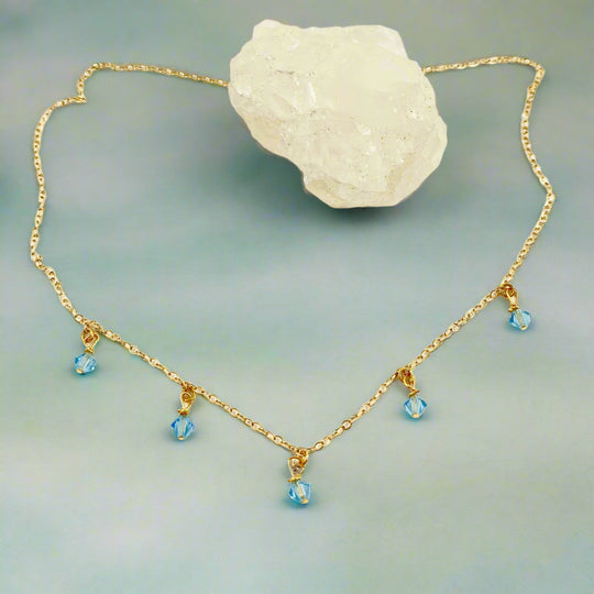 Aquamarine Blue Crystal Choker Necklace, hand made with facetted petite crystals, wire wrapped on 14k gold filled chain, completed with a 14k gold 