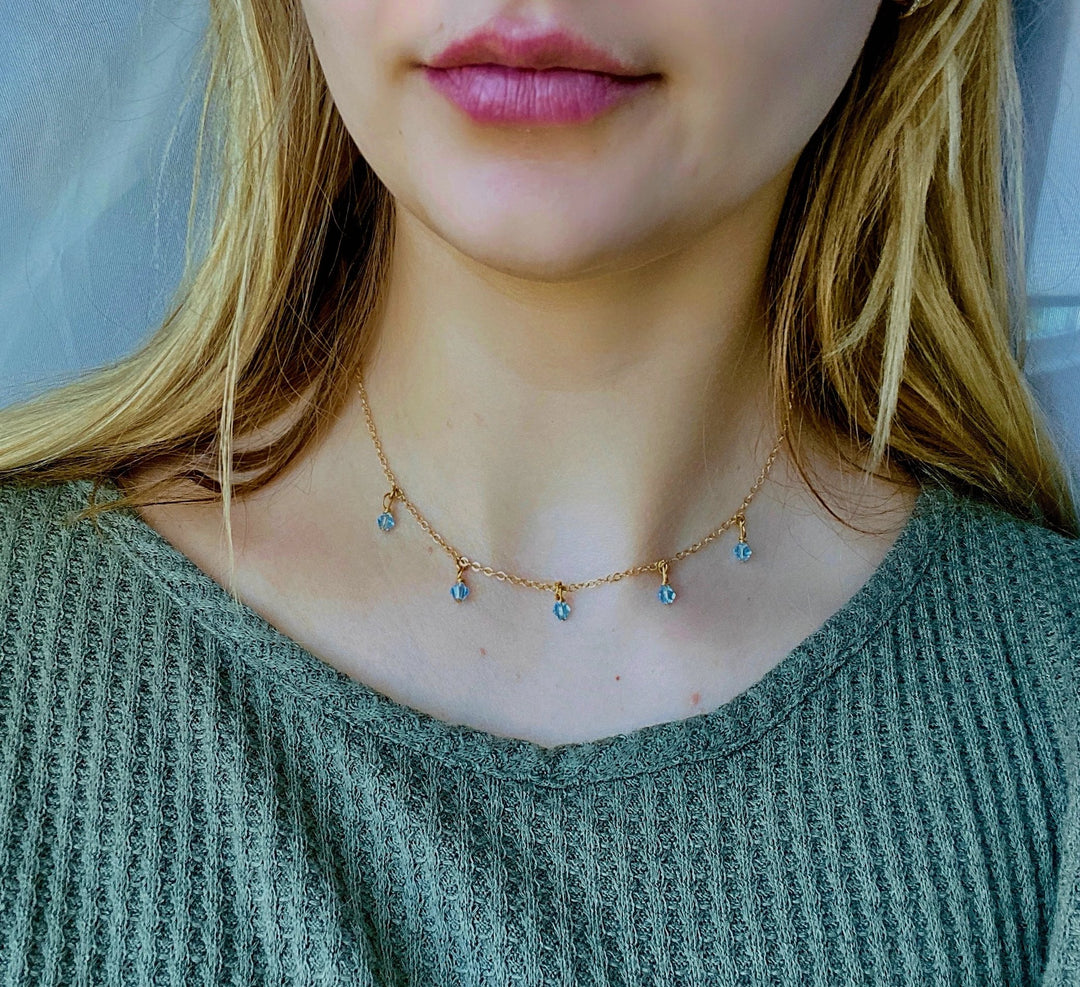 Aquamarine Blue Crystal Choker Necklace, hand made with facetted petite crystals, wire wrapped on 14k gold filled chain, completed with a 14k gold 
