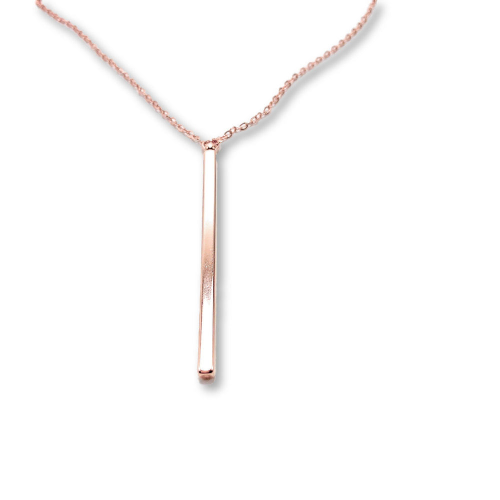 Rose Gold Vertical Bar Necklace, A simple slim rose gold vertical bar hangs from delicate rose gold chain, creating a minimalist necklace design, boho chic piece of jewelry.