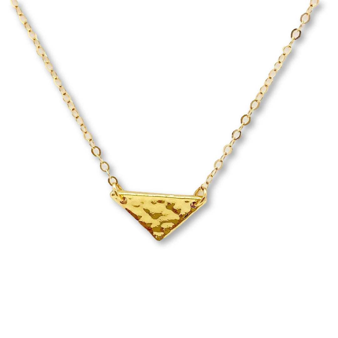 14K Gold Flag Triangle Charm Necklace, our triangle flag necklace has a tiny hammered flag triangle charm on 14k gold-filled chain, a charming minimalist charm necklace 