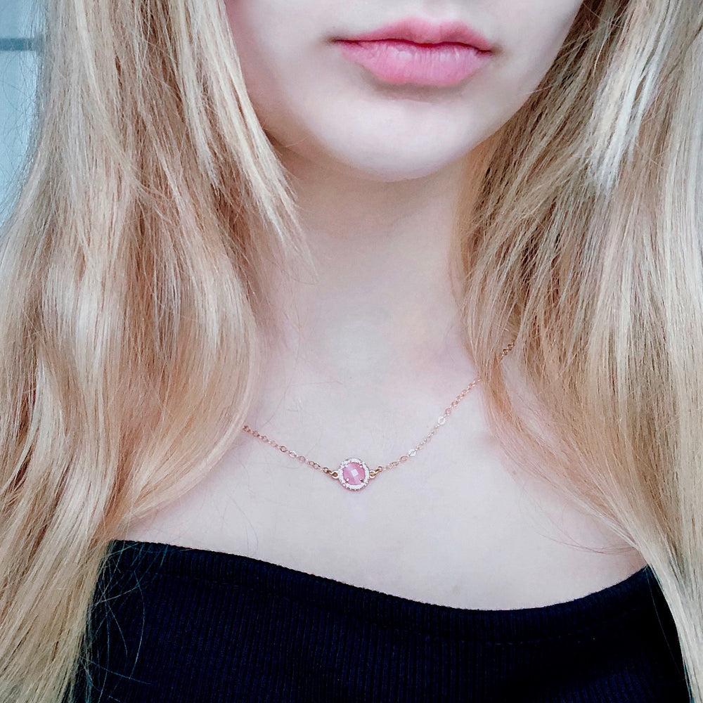 Pink Cats Eye Necklace Cubic Zirconia Bezel Frame,  this vibrant Pink Cats Eye charm is sparkling with a cubic zirconia bezel frame and is on