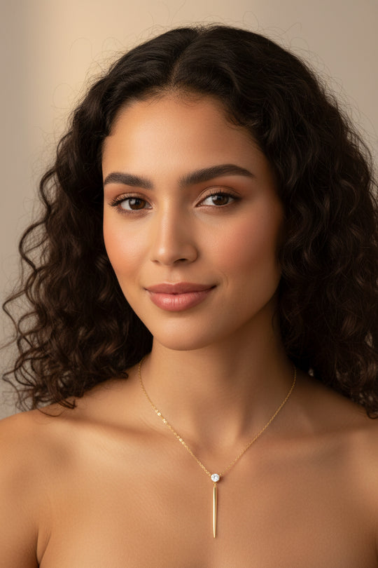 Gold Spike Cubic Zirconia Necklace Y Pendant Jewelry,  our uniquely designed necklace is for when you want to make an impression, this vermeil gold spike