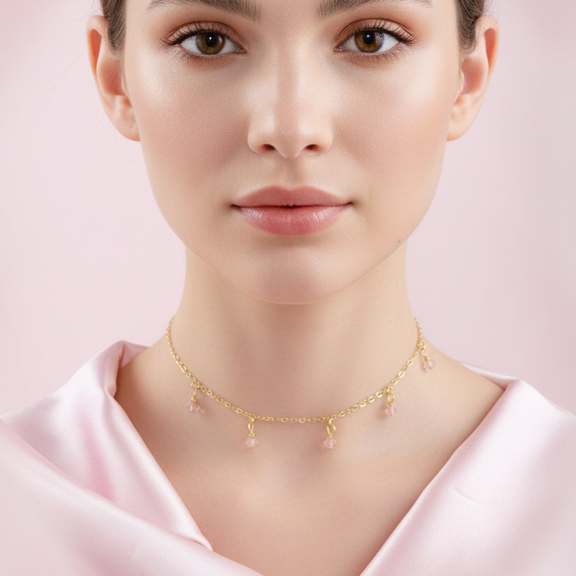 Rose Pink Crystal Choker Necklace Minimalist Jewelry, hand made with facetted petite crystals, wire wrapped on 14k gold filled chain, completed with a 14k gold 