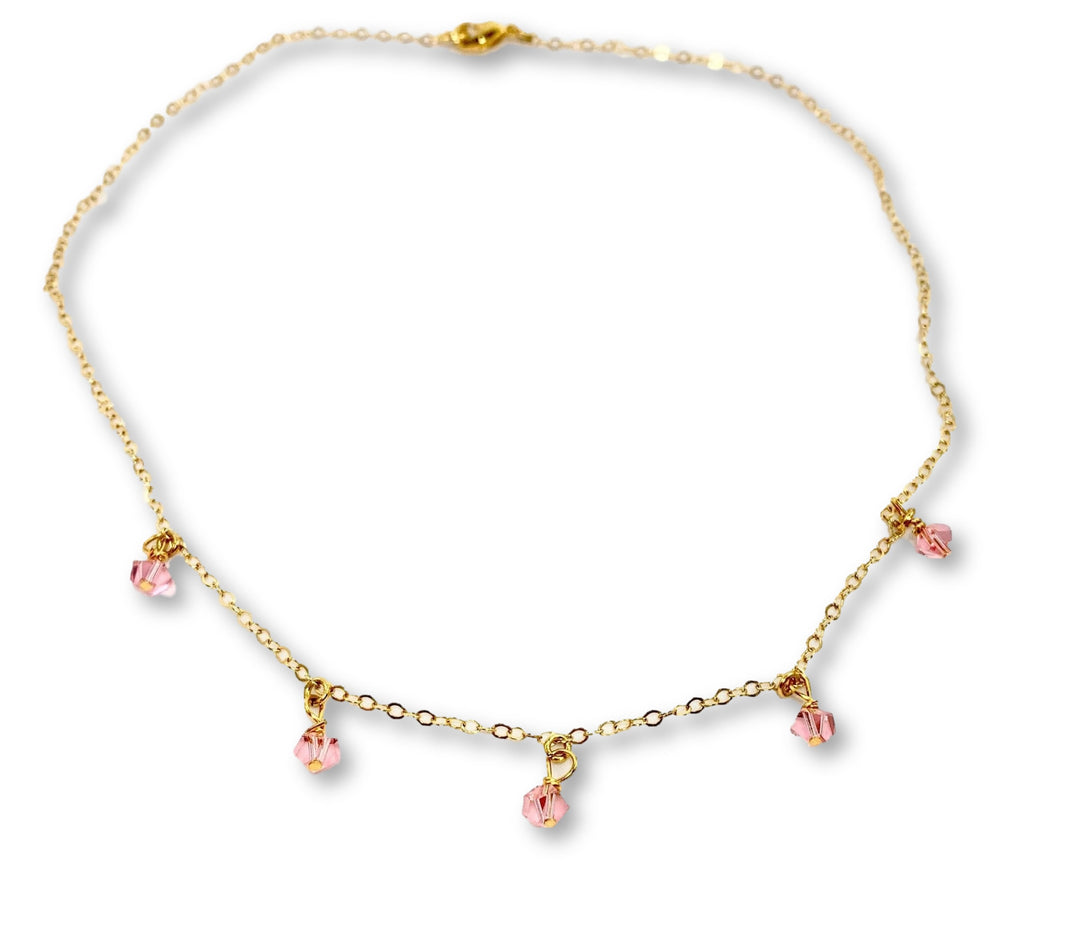 Rose Pink Crystal Choker Necklace Minimalist Jewelry, hand made with facetted petite crystals, wire wrapped on 14k gold filled chain, completed with a 14k gold 