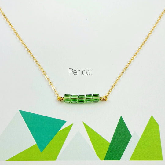 Peridot Green Crystal Cube Bar Necklace Charm Jewelry, styled as a minimalist crystal cube bar necklace featuring 5 mini facetted cubes i