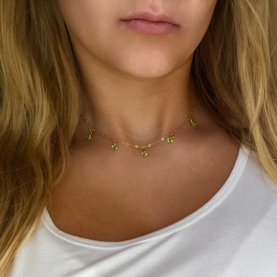 Peridot Green Crystal Choker Necklace Minimalist Jewelry, hand made with facetted petite crystals, wire wrapped on 14k gold filled chain, completed with a 14k