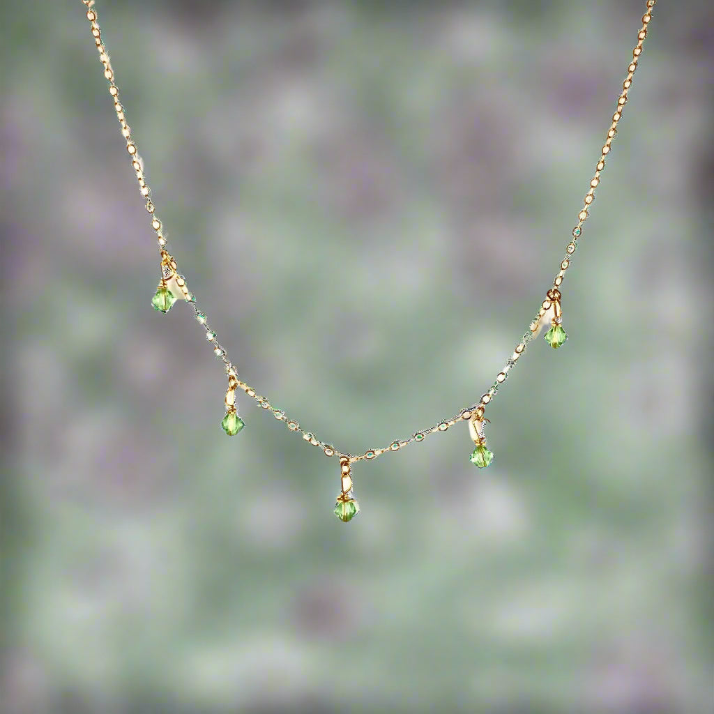Peridot Green Crystal Choker Necklace Minimalist Jewelry, hand made with facetted petite crystals, wire wrapped on 14k gold filled chain, completed with a 14k