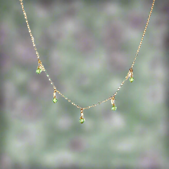 Peridot Green Crystal Choker Necklace Minimalist Jewelry, hand made with facetted petite crystals, wire wrapped on 14k gold filled chain, completed with a 14k
