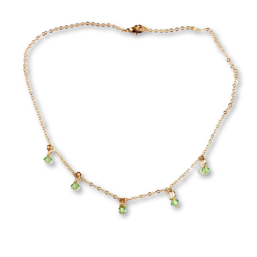 Peridot Green Crystal Choker Necklace Minimalist Jewelry, hand made with facetted petite crystals, wire wrapped on 14k gold filled chain, completed with a 14k