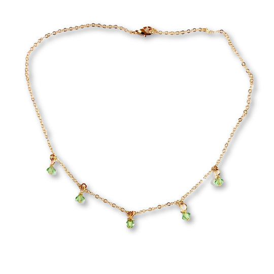 Peridot Green Crystal Choker Necklace Minimalist Jewelry, hand made with facetted petite crystals, wire wrapped on 14k gold filled chain, completed with a 14k